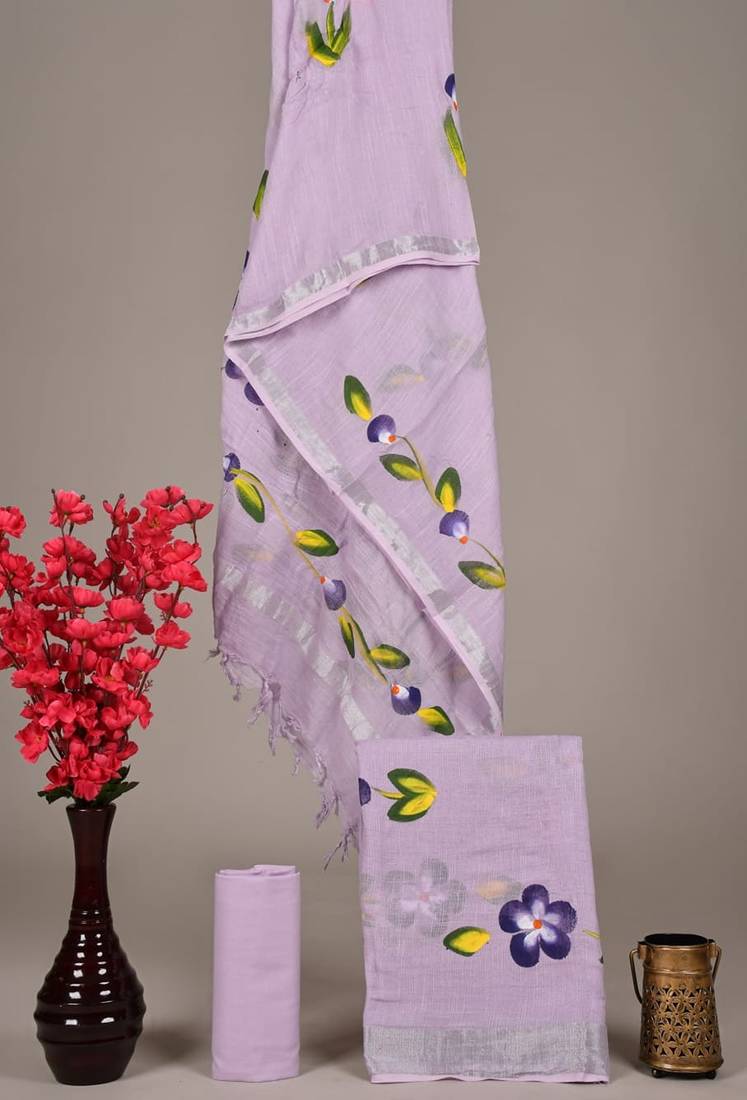 Light purple bagru hand block printed linen suits with zari border