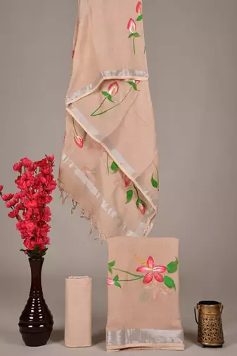 Peach bagru hand block printed linen suits with zari border
