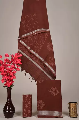 Brown bagru hand block printed linen suits with zari border