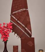 Brown bagru hand block printed linen suits with zari border
