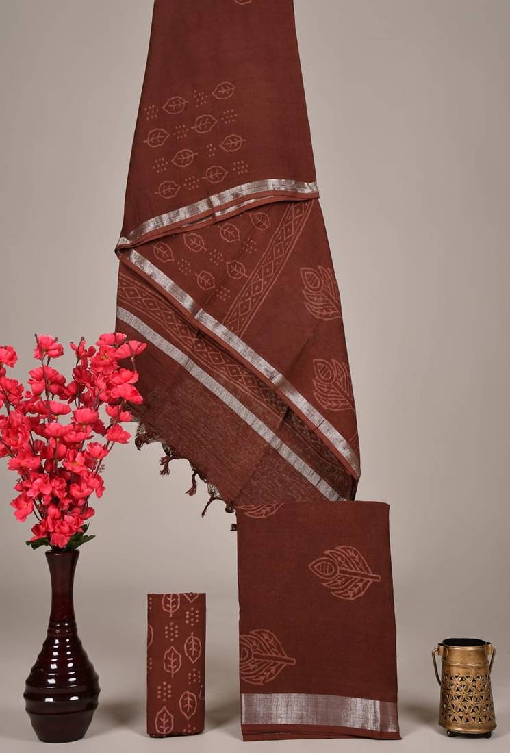 Brown bagru hand block printed linen suits with zari border