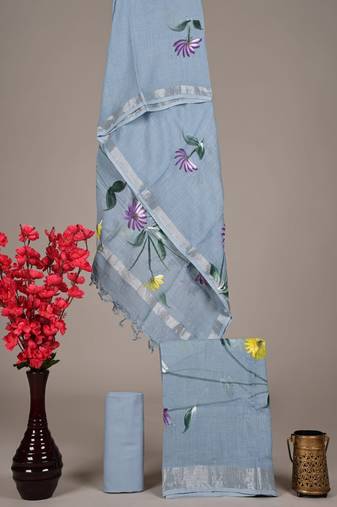 Blue bagru hand block printed linen suits with zari border