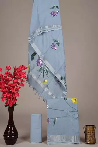 Blue bagru hand block printed linen suits with zari border