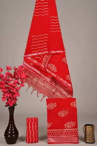 Red bagru hand block printed linen suits with zari border