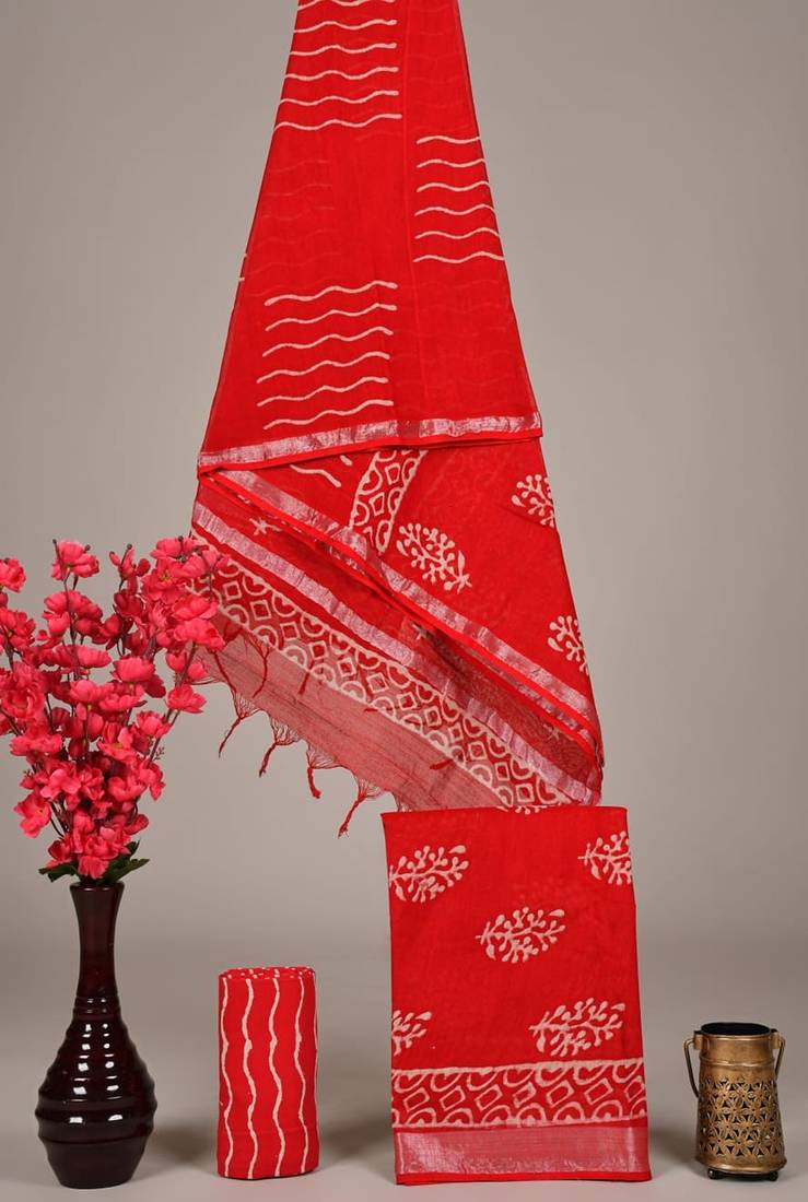 Red bagru hand block printed linen suits with zari border