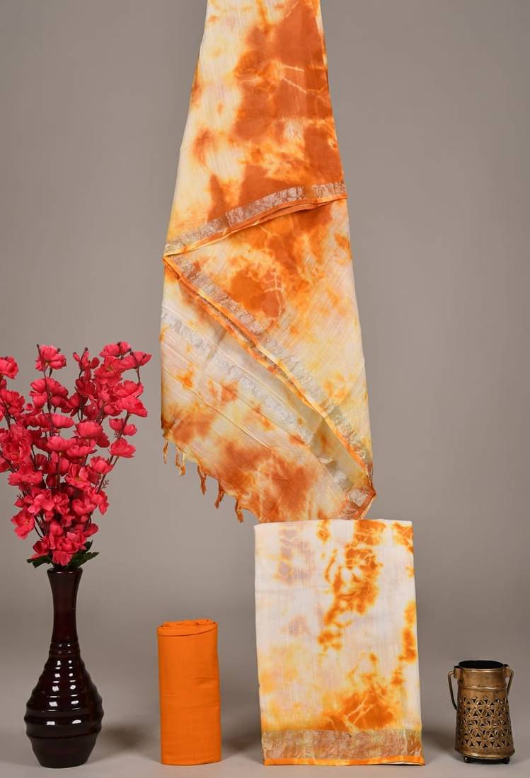 Mustard bagru hand block printed linen suits with zari border