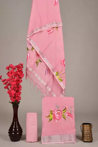 Pink bagru hand block printed linen suits with zari border