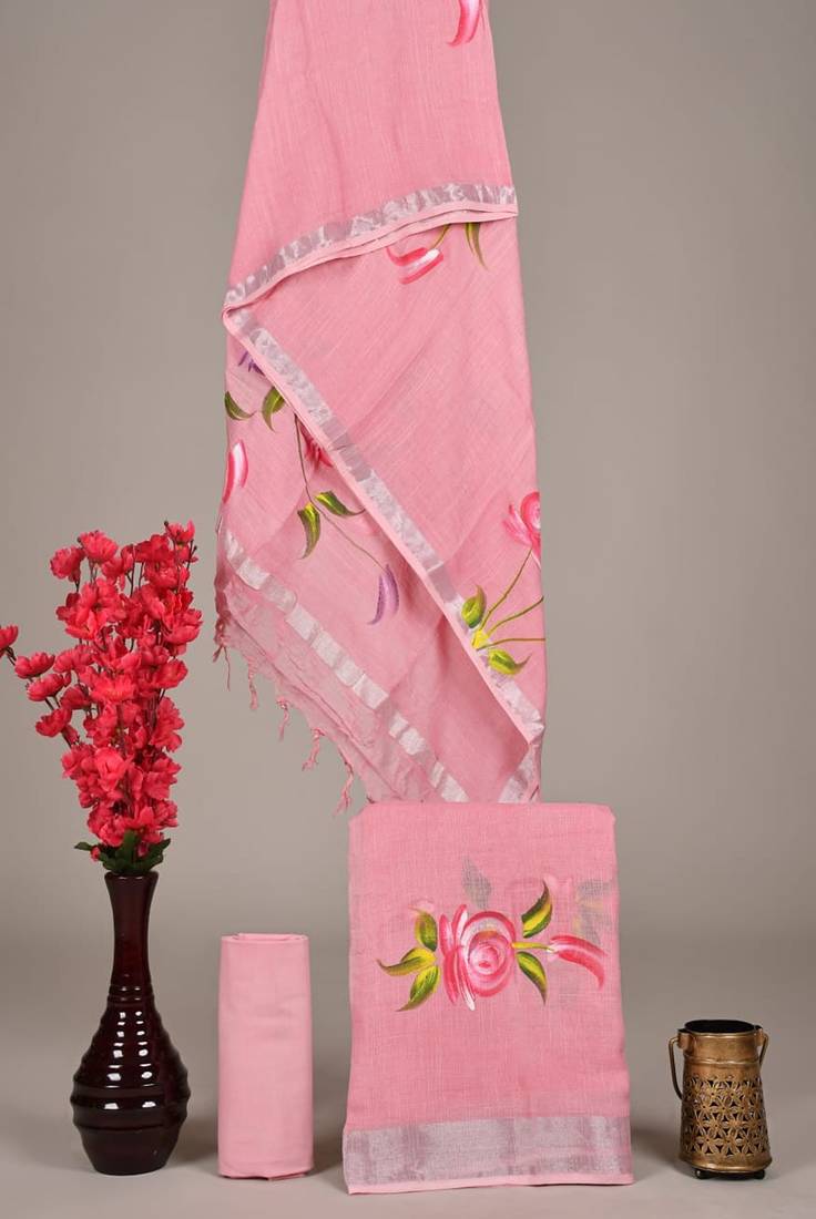 Pink bagru hand block printed linen suits with zari border