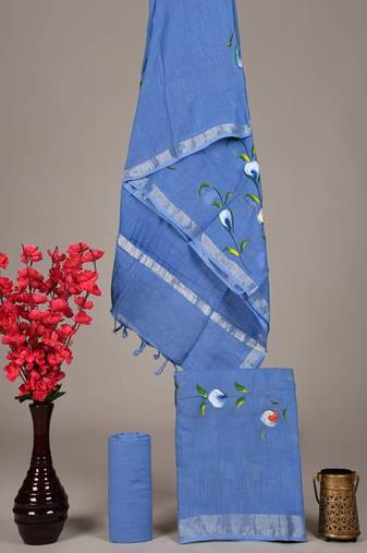 Blue bagru hand block printed linen suits with zari border