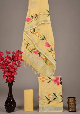 Yellow bagru hand block printed linen suits with zari border 1
