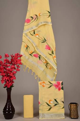 Yellow bagru hand block printed linen suits with zari border