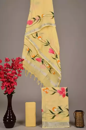 Yellow bagru hand block printed linen suits with zari border