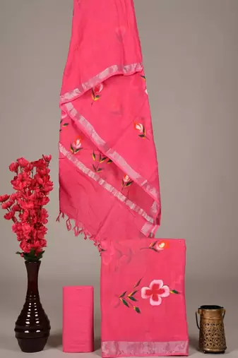 Pink bagru hand block printed linen suits with zari border