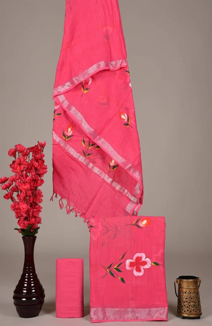 Pink bagru hand block printed linen suits with zari border