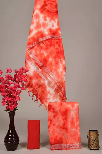 Orange bagru hand block printed linen suits with zari border
