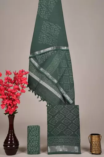 Green bagru hand block printed linen suits with zari border