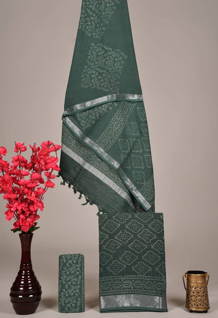 Green bagru hand block printed linen suits with zari border