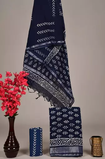 Navy blue bagru hand block printed linen suits with zari border