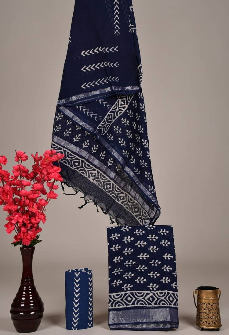 Navy blue bagru hand block printed linen suits with zari border