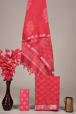 Peach bagru hand block printed linen suits with zari border 1