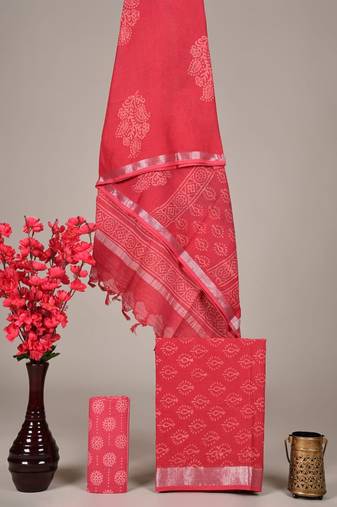Peach bagru hand block printed linen suits with zari border