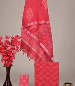 Peach bagru hand block printed linen suits with zari border