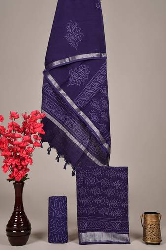 Navy blue bagru hand block printed linen suits with zari border