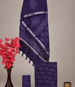 Navy blue bagru hand block printed linen suits with zari border