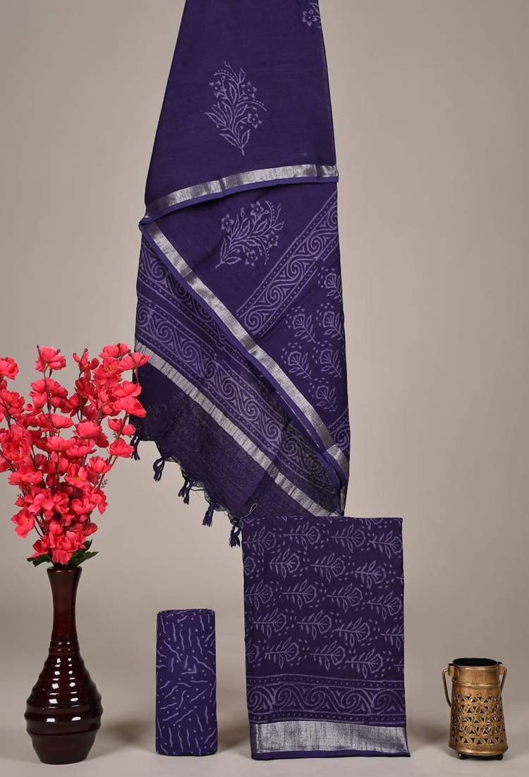 Navy blue bagru hand block printed linen suits with zari border