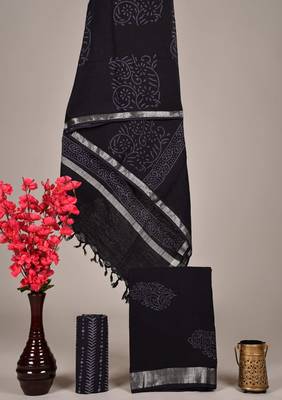 Black bagru hand block printed linen suits with zari border 1