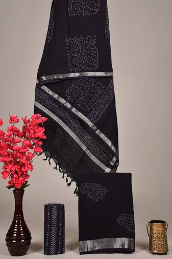 Black bagru hand block printed linen suits with zari border