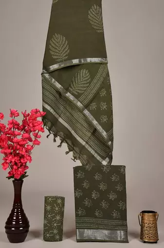 Green bagru hand block printed linen suits with zari border
