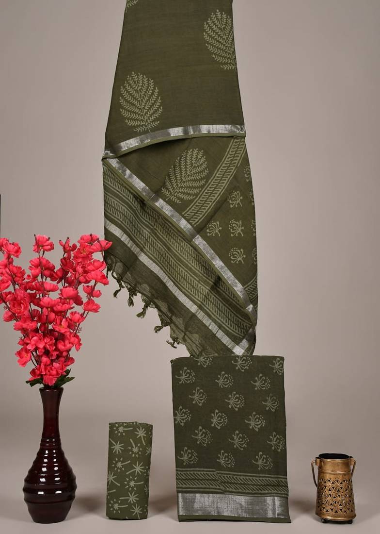Green bagru hand block printed linen suits with zari border