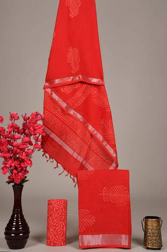 Orange bagru hand block printed linen suits with zari border
