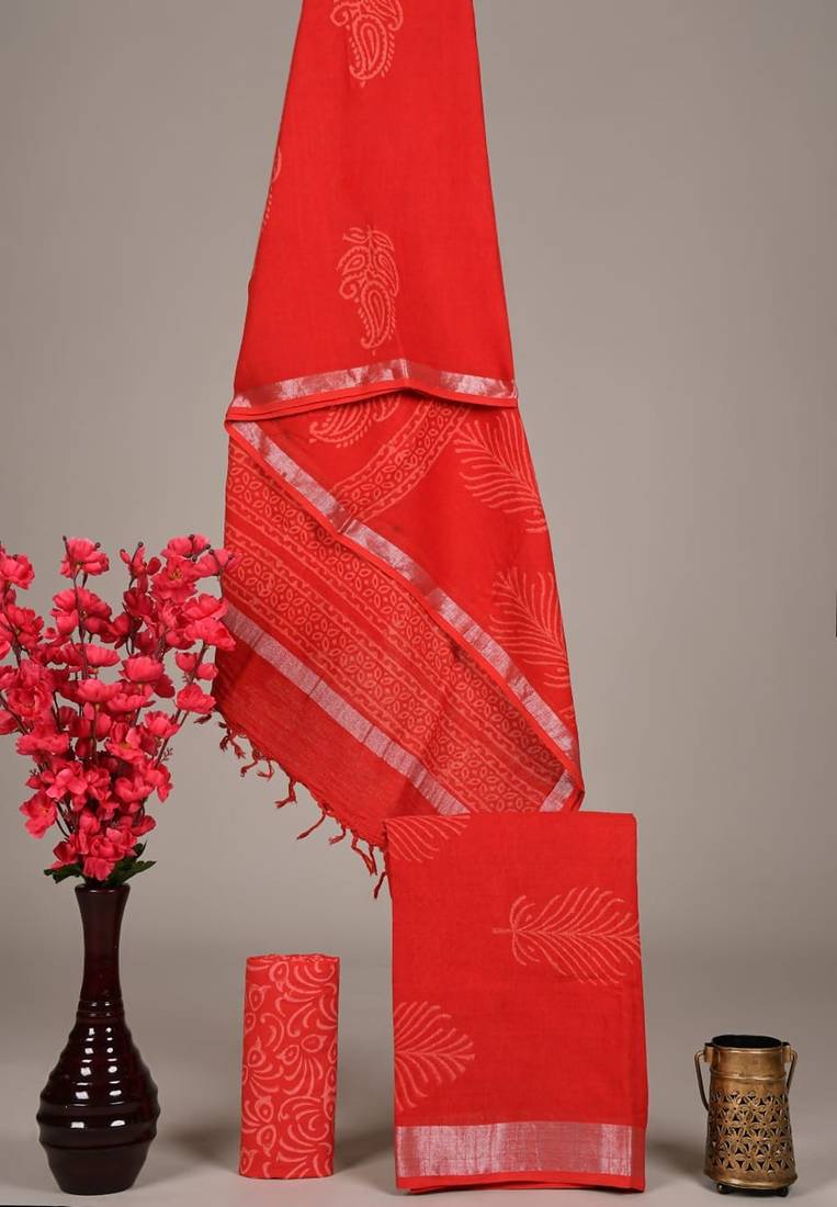 Orange bagru hand block printed linen suits with zari border