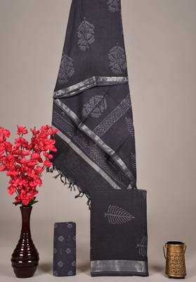 Grey bagru hand block printed linen suits with zari border 1