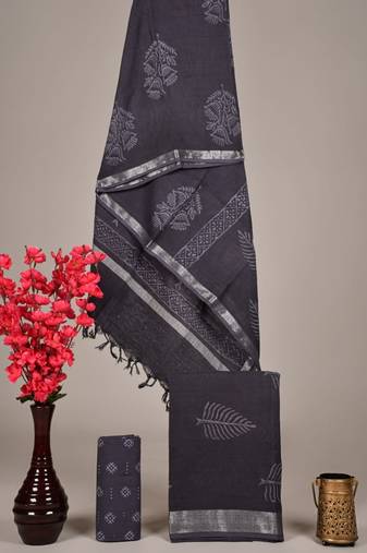 Grey bagru hand block printed linen suits with zari border