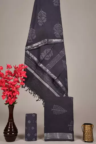 Grey bagru hand block printed linen suits with zari border