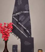 Grey bagru hand block printed linen suits with zari border
