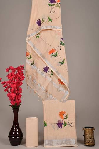 Cream bagru hand block printed linen suits with zari border