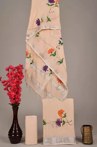 Cream bagru hand block printed linen suits with zari border
