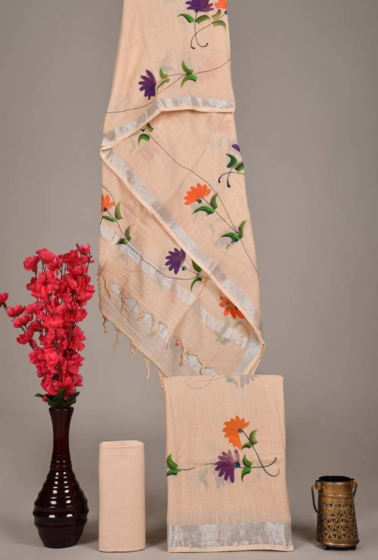 Cream bagru hand block printed linen suits with zari border