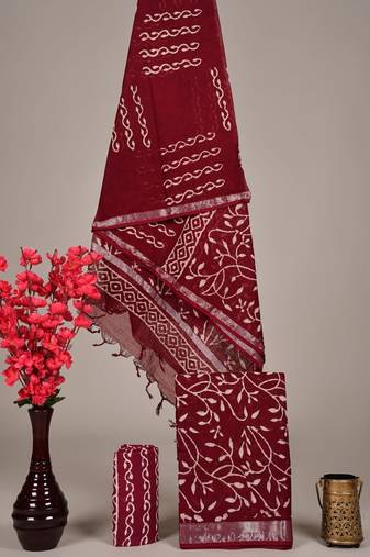 Maroon bagru hand block printed linen suits with zari border