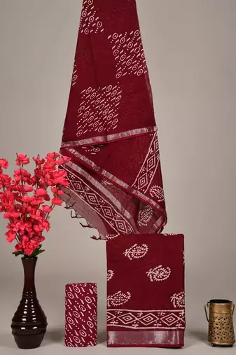 Maroon bagru hand block printed linen suits with zari border