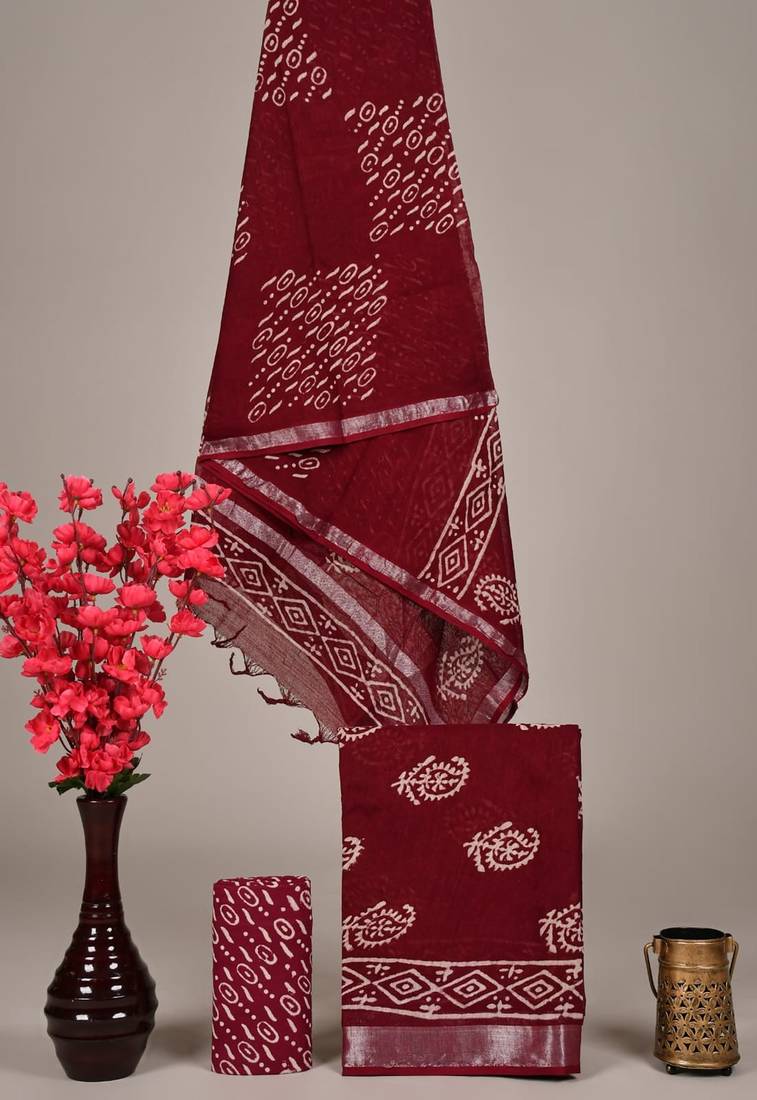 Maroon bagru hand block printed linen suits with zari border