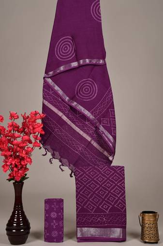 Purple bagru hand block printed linen suits with zari border