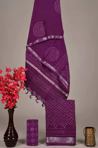 Purple bagru hand block printed linen suits with zari border
