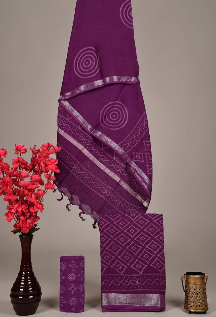 Purple bagru hand block printed linen suits with zari border