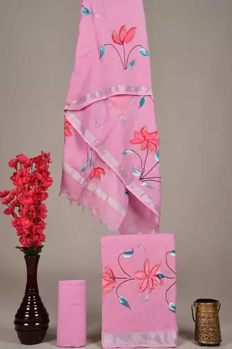 Pink bagru hand block printed linen suits with zari border