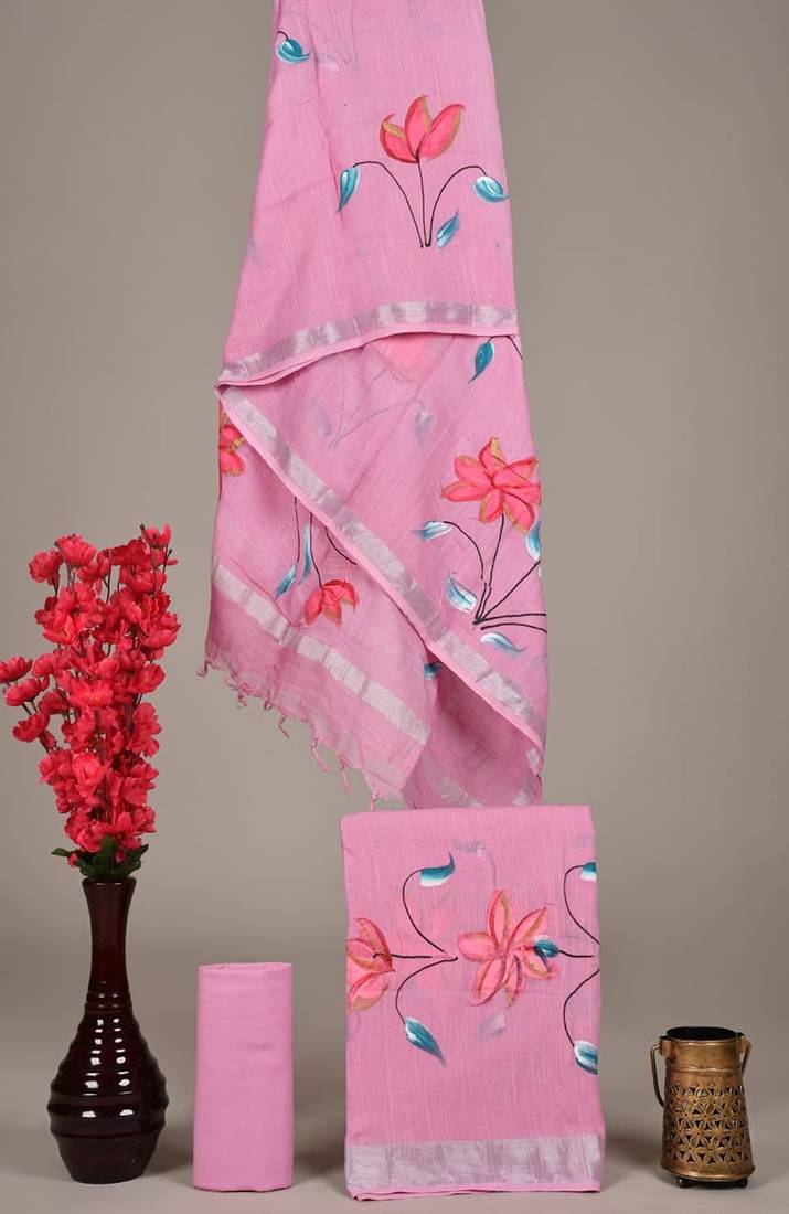 Pink bagru hand block printed linen suits with zari border